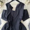 French retro Hepburn style beaded flower mesh splicing bubble sleeve Little black dress waist shrinking thin dress