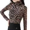 Camicette da donna Camicetta leopardata autunnale da donna T-shirt basic con stampa a maniche lunghe sexy a collo alto