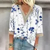 Camisetas femininas elegantes para mulheres negócios casual tops moda feminina estampada decote em v renda manga três quartos j