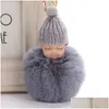 Keychains Lanyards Sweet Fluffy Pompom Slee Baby Key Chain Faux Rabbit päls Pom Pon Sticked Hat Doll Keychain Car Keyring Toy Trend DHTBL