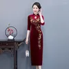 Ethnic Clothing Qipao Modern Chinese Traditional Dress For Women Autumn Style Velvet Cheongsam Retro Bride Mother Beaded Daily