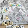 배경 화면 Bacal 3d 벽지 비 짠 열대 나무 잎 벽 벽화 정글 동물 새 5D 꽃 홈 장식