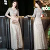 Ethnische Kleidung Champagner Gerade Abend Party Kleid Kleid Weibliche Bling Pailletten V-ausschnitt Sexy Qipao Mesh 3/4 Ärmel Cheongsam Reißverschluss Vestidos