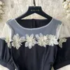 French retro Hepburn style beaded flower mesh splicing bubble sleeve Little black dress waist shrinking thin dress