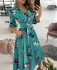 Casual Kleider Sommer Frau Sexy Retro Tuniken Drucken Midi Kleid 3/4 Ärmel A-linie Patchwork Spitze Up Büro V-ausschnitt Mode Damen Rock