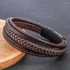 Charm Armband Trendiga män smycken klassiska äkta läderarmband dubbel rostfritt stål flerskikt flätade manschettrepband