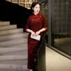 Ethnic Clothing 2023 Chinese Style Velvet Sexy Cheongsam Qipao Long Dresses Red Eleglant For Women Bodycon Dress Vintage Spring And Autumn