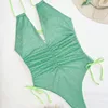 Kvinnors badkläder Qinjoyer Green Swimsuit Women One Piece Bikini Bathing Suit Sexig V Neck Backless 2023 Monokini Swim