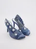 Stiletto Sandals Heels Square Head Denim Metal Studded Slippers After the Empty Belt Buckle Big Size Women's Shoes Europe och USA NYA