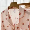 Pyjama d'été rose pour femme Ensemble de pyjama rose de haute qualité Lmitation Revers en soie Honey Peach Print Nightwear Button Pocket Short Sleeves
