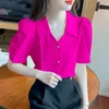 Kvinnors stickor 3XL 2023 Kvinnor Summer Bluses Lady Fashion Casual Turn-down Square Collar Kort ärmknappar Solida färgkläder