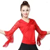 Stage Wear Summer Women Waltz Ballroom Dance Tops Modern Standard Tango Latin Dancewear Party Performance Blouses Lace Bell Sleeve