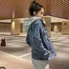レディースCEフード付きジャケットデニム女性ショートコートレディジャケットデザイナーコートのための秋の春のスタイルスリムボタンレター