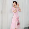 Etniska kläder Summer Kort ärmar A-line broderi Applique Chiffon Cheongsam dollkrage Förbättra Aodai Qipao Retro Chinese Women Dress