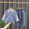 Clothing Sets Spring Born Baby Boy Clothes Outfits Plaid Shirt Knitted Vest Jeans Suit For Cloth 1st Birthday Boys