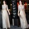 Etnische Kleding Champagne Rechte Avond Feestjurk Jurk Vrouwelijke Bling Pailletten V-hals Sexy Qipao Mesh 3/4 Mouw Cheongsam Rits Vestidos