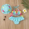 Deux pièces 3 pièces filles Bikini ensembles bébé maillots de bain licou fleur soutien-gorge jupe à volants casquettes de soleil enfant en bas âge maillot de bain bébé vêtements de plage 0-24M 230627