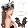 Bandanas White Mesh Head Flower Fascinator Hat pannband Party spetshandskar kvinnor studörhänge set bröllop hårtillbehör hathair