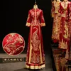 Roupa étnica Borgonha Lantejoulas Frisado Bordado Cetim Marry Cheongsam Tradicional Chinesa Noiva Noivo Vestido De Noiva Vestito Da