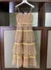 Auth S-Elf Portrait Fresh Yellow Mesh Flocked Polka Dot High midje Rem klänning Cake Long Dress