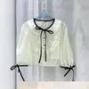 Magliette da donna 2023 Estate Dolce e alla moda Collo da bambola Camicia a maniche lunghe con lacci Papillon Chiffon