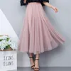 Skirts Spring Summer Beach Women Pleated Midi Skirt Ladies Elastic High Waist Tulle Mesh Tutu Teenage Girls A-line