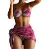 Dameszwemkleding Digital Printing Mesh Driedelige Bikini Split Badpak Meisje Sexy Driehoek Band Puur Gekleurd Blad