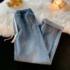 Calças de brim dos homens streetwear cintura elástica baggy outono coreano moda larga perna denim calças vintage lavado azul masculino marca 230629