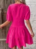 Casual Dresses Elegant Midi For Women Summer V Neck Puff Sleeve Ruffle Beach Dress Fashion Red Simple A-line In 2023