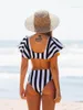 Women's Swimwear Fashion Stripe V Neck Sexy Deep Bikini Two Piece Set Beach Style High Waist Backless Swimsuit 2023