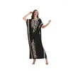 Ropa étnica Verano Bordado Flor Vestido largo Mujeres Casual Manga corta Túnica Turquía Kaftan marroquí Vestido de cuerpo entero Vestidos