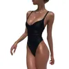 Traje de baño para mujer, Bikini con tirantes ajustables, traje de baño sólido de una pieza, traje de baño pequeño de pecho fruncido, traje de baño de vendaje con realce y espalda descubierta