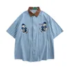 Camisas sociais masculinas streetwear urso bordado camisa de manga curta para homens mulheres hip hop verão botão para cima solto listrado Y2K roupas unissex 230629