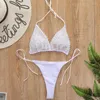 Женские купальники Sexy Tie Side Triangle-Bikinis Set For Women-Halter Swimwear-Two Pieces Swimsuit Sparkly Pearls Bathing Suit Beachwear