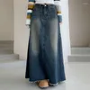 Faldas Vintage desgastadas de cintura baja de mezclilla para mujer falda larga informal holgada lavada