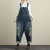 Kvinnors rippade jeans overall streetwear lösa baggy byxor casual denim jumpsuit rak bred ben långa jean byxor mode