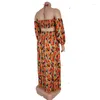 Casual Kleider Echoine Lace Up Halter Off Schulter Langarm Print Maxi Kleid Für Frauen V-ausschnitt Elegante Vintage Vestidos Sommer ferien