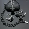 Ketting Oorbellen Set Punk Zilveren Sieraden 925 Voor Vrouwen Zwarte Zirconia Oorbellen/Hanger/Ketting/Ring/Armband