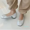 Designer en cuir véritable orteil fendu rond talons bas chaussures femmes printemps automne nœud papillon pieds de cochon pompes dames