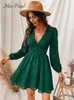 Basic Casual Dresses MISS PETAL Plunge ALine Mini Dress Woman Green Sexy Long Sleeve Party Spring Autumn Female Sundress 230629