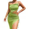 Casual Dresses Apipee Elegant Sexy Cut Out Drawstring Ruched Long Dress for Women Summer Holiday Outfits Club Party Split Maxi