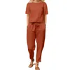 Kadın İki Parça Pantolon 1 Takım T-shirt Düz Renk Bağcıklı Yaz Ekip Boyun Fiyonklu Kıyafet Streetwear