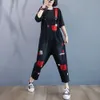 2023 New Woman Spring Contrasting Patch Pocket Embroidery Ripped Holes One Piece Pants Washed Jeans Streetwear Overalls