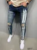 Mens Jeans Men Stretchy Ripped Skinny Biker Side Stripe Letter Print Destroyed Hole Slim Fit Denim High Quality Hip Hop Black 230629