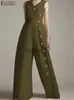 Kvinnors jumpsuits Rompers Zanzea Wide Leg Pant Buttons Split Jumpsuits 2023 Summer Casual Fashion Sleeveless Long Rompers Women V Neck Wasited Playsuits J230629