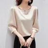 Women's Blouses Spring Vintage Pink Ice Silk Shirt Women Casual Loose Lantern Sleeve Tops Elegant Satin Three Quarter 2023