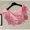 Женские блузки Sweet High Waist Short Tops Vintage Stripe Bow Zipper Puff Sleeve Square Neck Summer 2023 Woman Shirt All Match Chic Blusas
