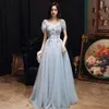 Baby Blue Prom Dresses Sexy See Through Lungo pizzo con perline Perle Fiori Ragazze Laurea Sera Homecoming Party Abiti formali Pizzo Appliqued Abiti da sera con perline