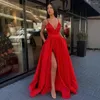 Etnische Kleding Spaghetti V-hals Vestidos Sexy Suspended Slim Fit Split Asymmetrische Sweep Train Prom Dress Elegant Celebrity Banket