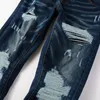 Mens Jeans High Street Fashion Men Retro Dark Blue Stretch Fit Ripped Leather Patched Designer Hip Hop Brand Pants 230629